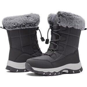 Women's Grey Warm Waterproof Winter Boots Mid Calf Insulated Snow Boots